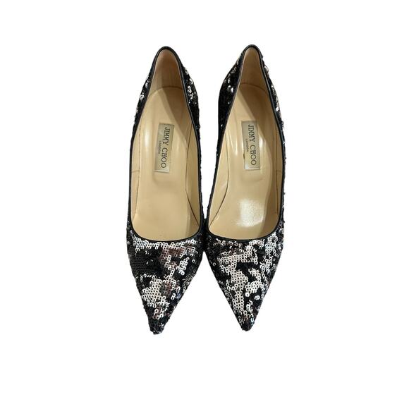 Jimmy Choo Abel Pumps Size 40.5 Sequin Black Silver Pointed Toe Stiletto - Picture 5 of 13